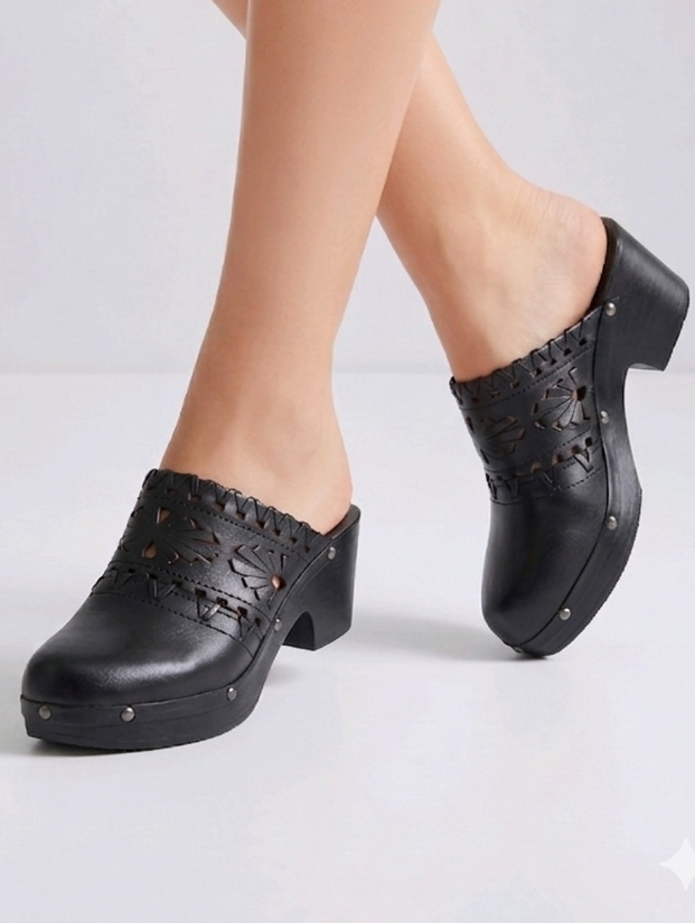 Women's Black Leather Cutout Clog Mule